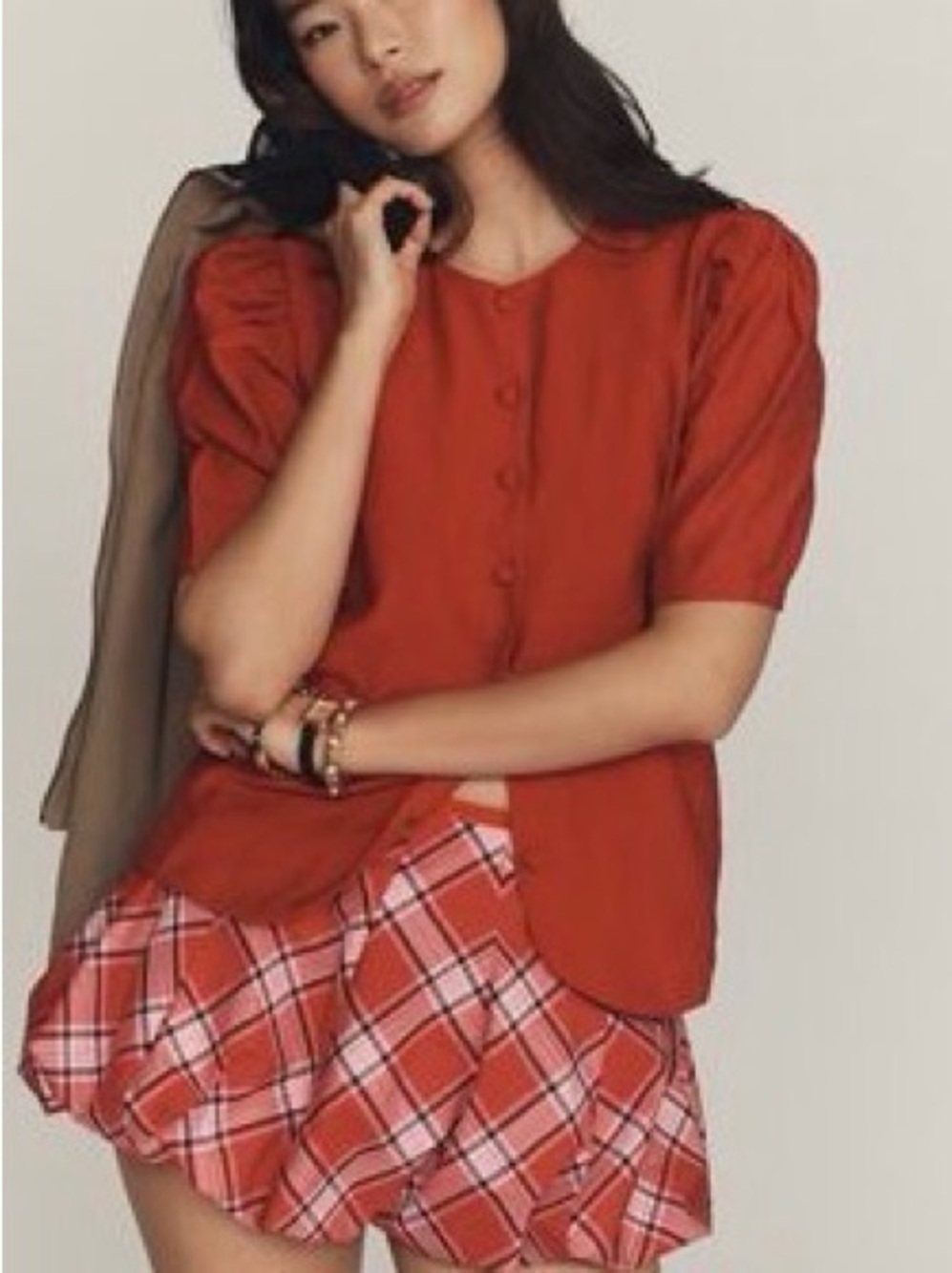 Mauve Puff Sleeve Button Front Top in Brick Red